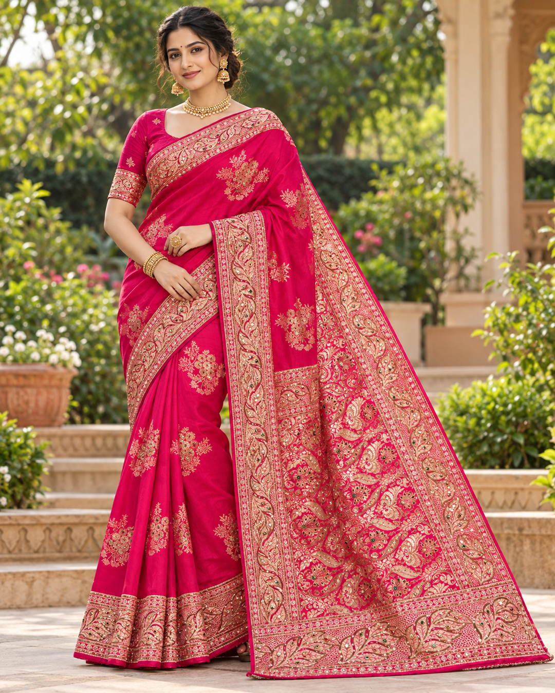Rani Pink Floral Zari Weave Saree