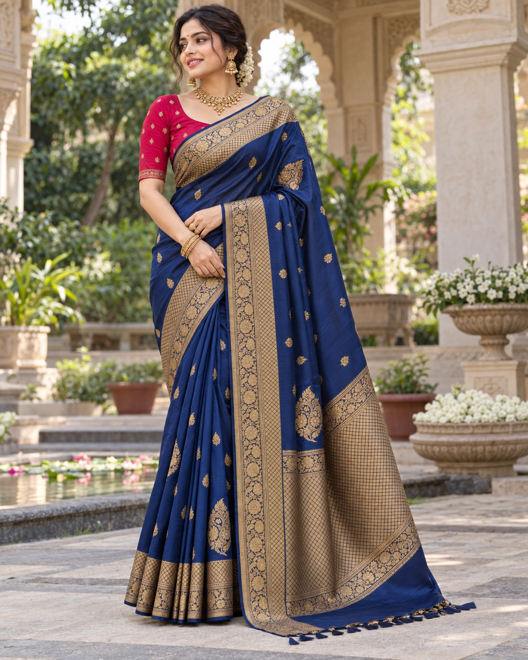 Royal Blue Saree With Gold Zari Butis Main image