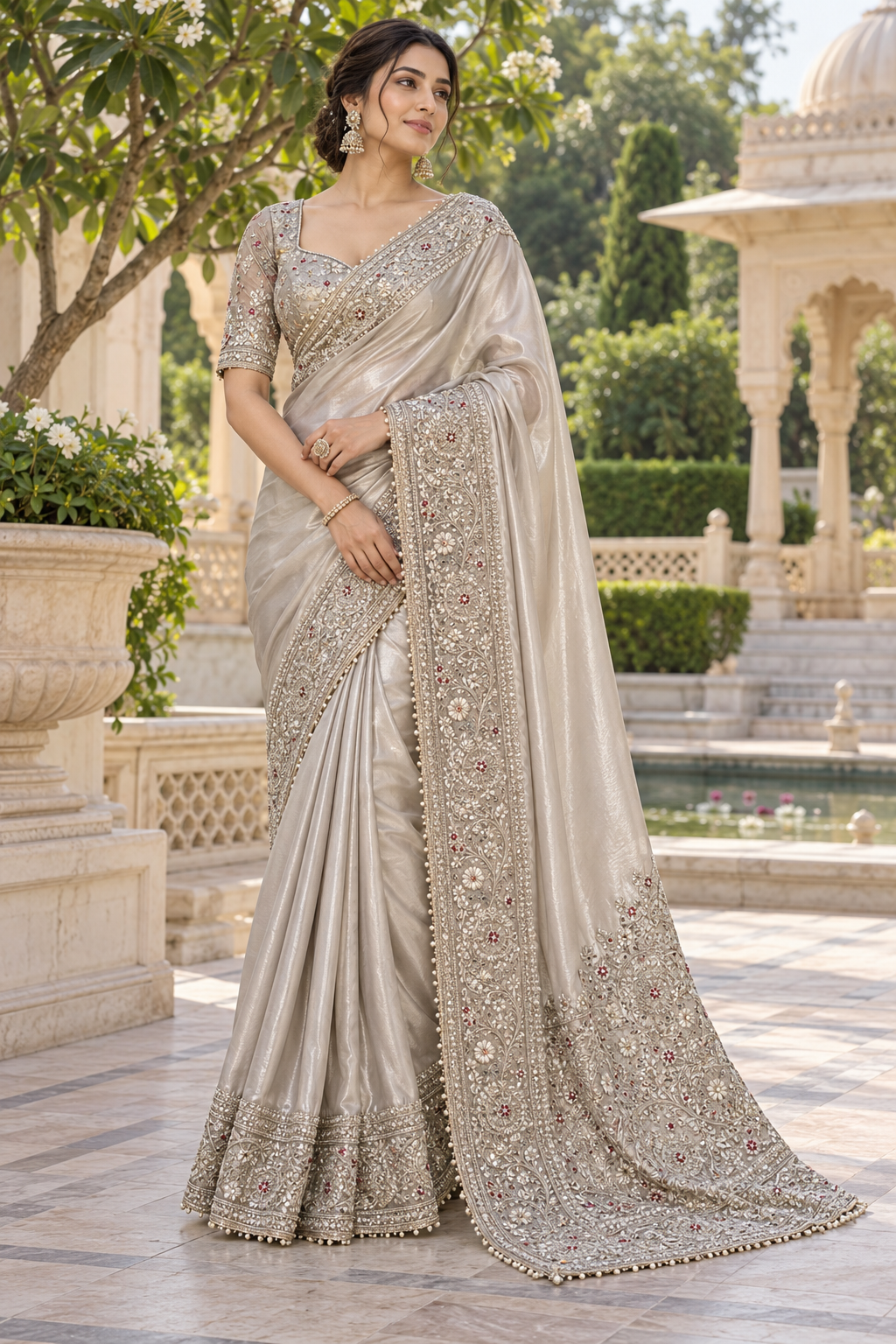 Metallic Platinum Silver Tissue Silk Saree with Heavy Pearl & Zardozi Floral Border