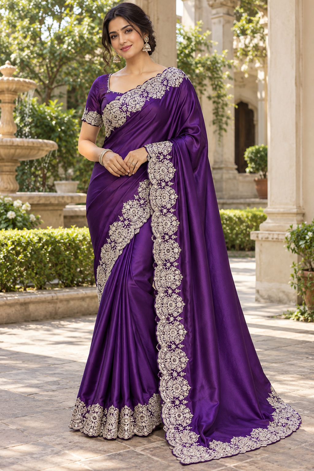 Regal Royal Purple Silk Saree with Intricate Silver Zardozi Scalloped Border