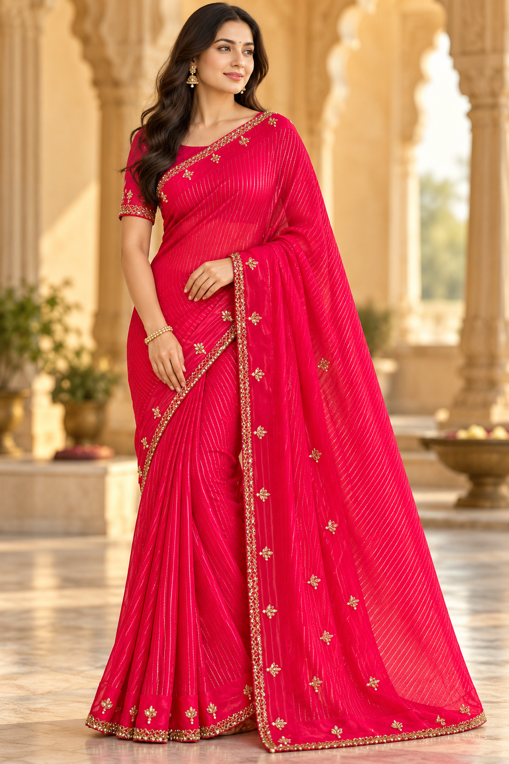 Crimson Pink Zari Striped Saree