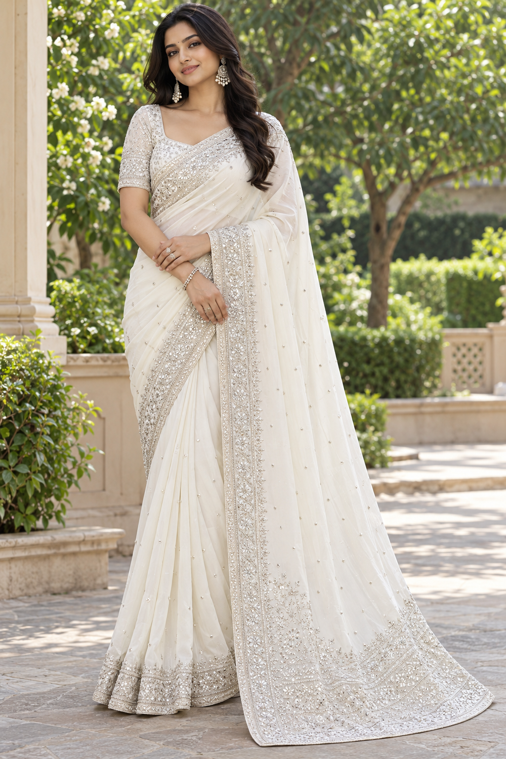 Ivory White Embellished Saree