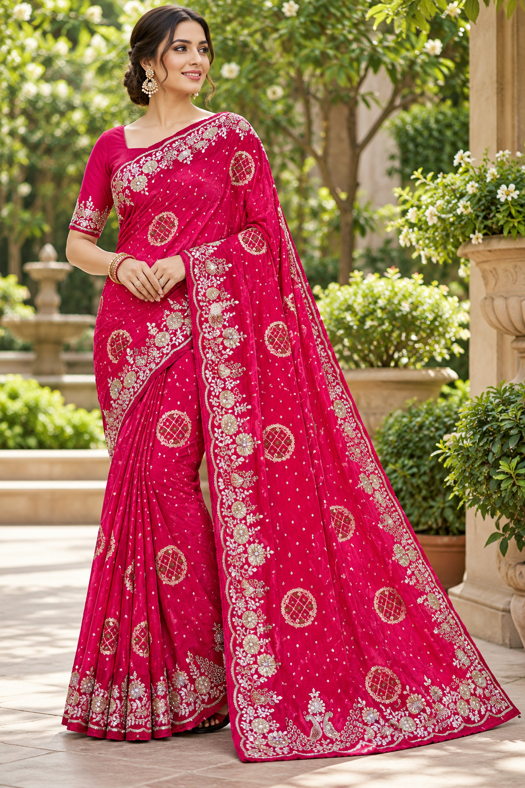 Deep Magenta Silk Saree with Silver Zardozi Floral Borders & Circular Lattice Medallions