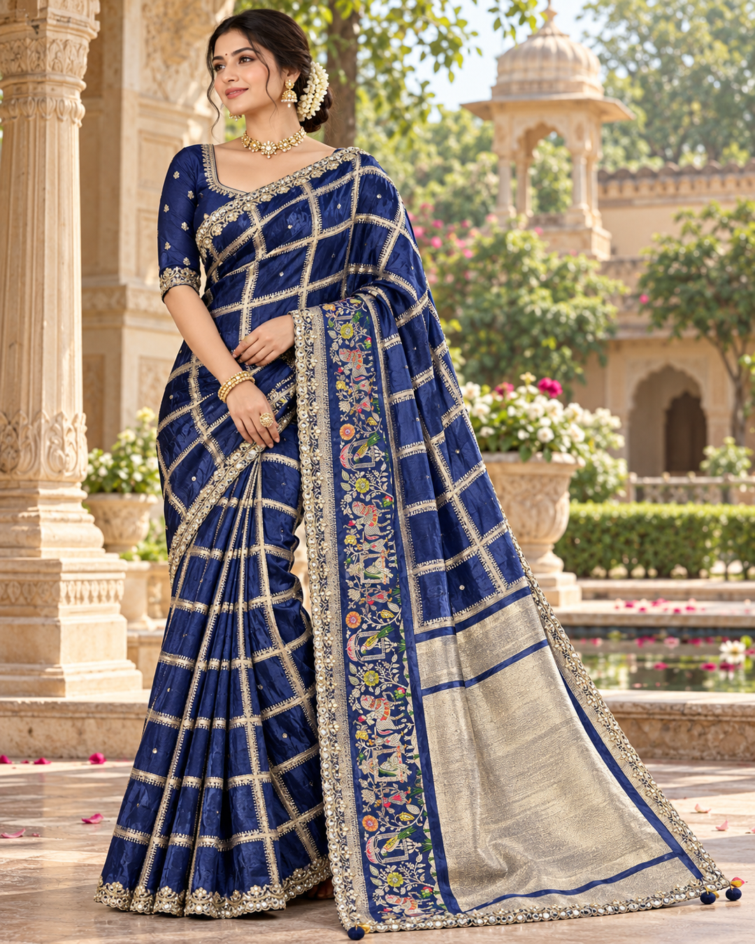 Royal Blue Grid Check Saree with Embroidered Scalloped Border Main image