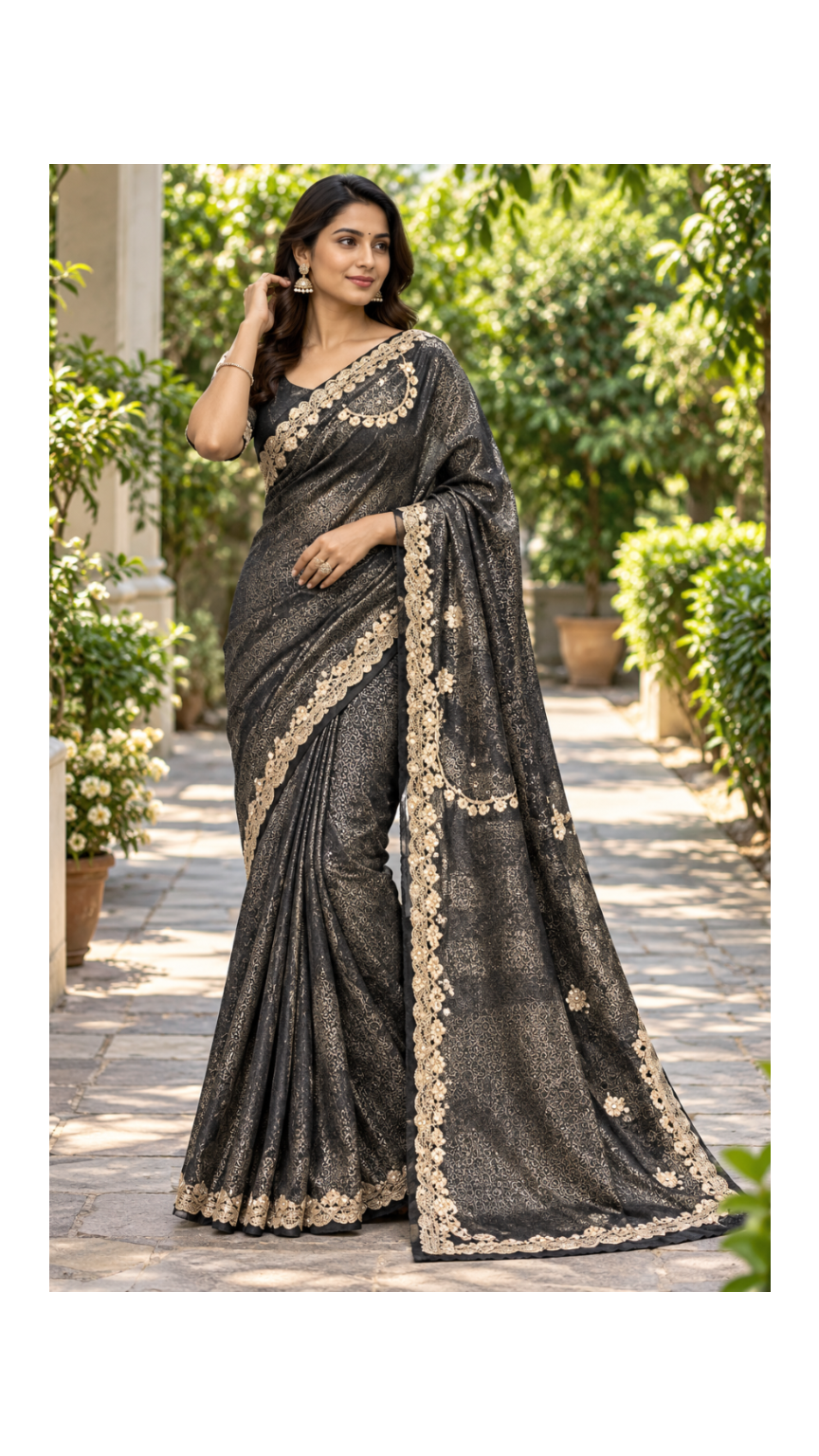Black Embroidered Georgette Designer Saree