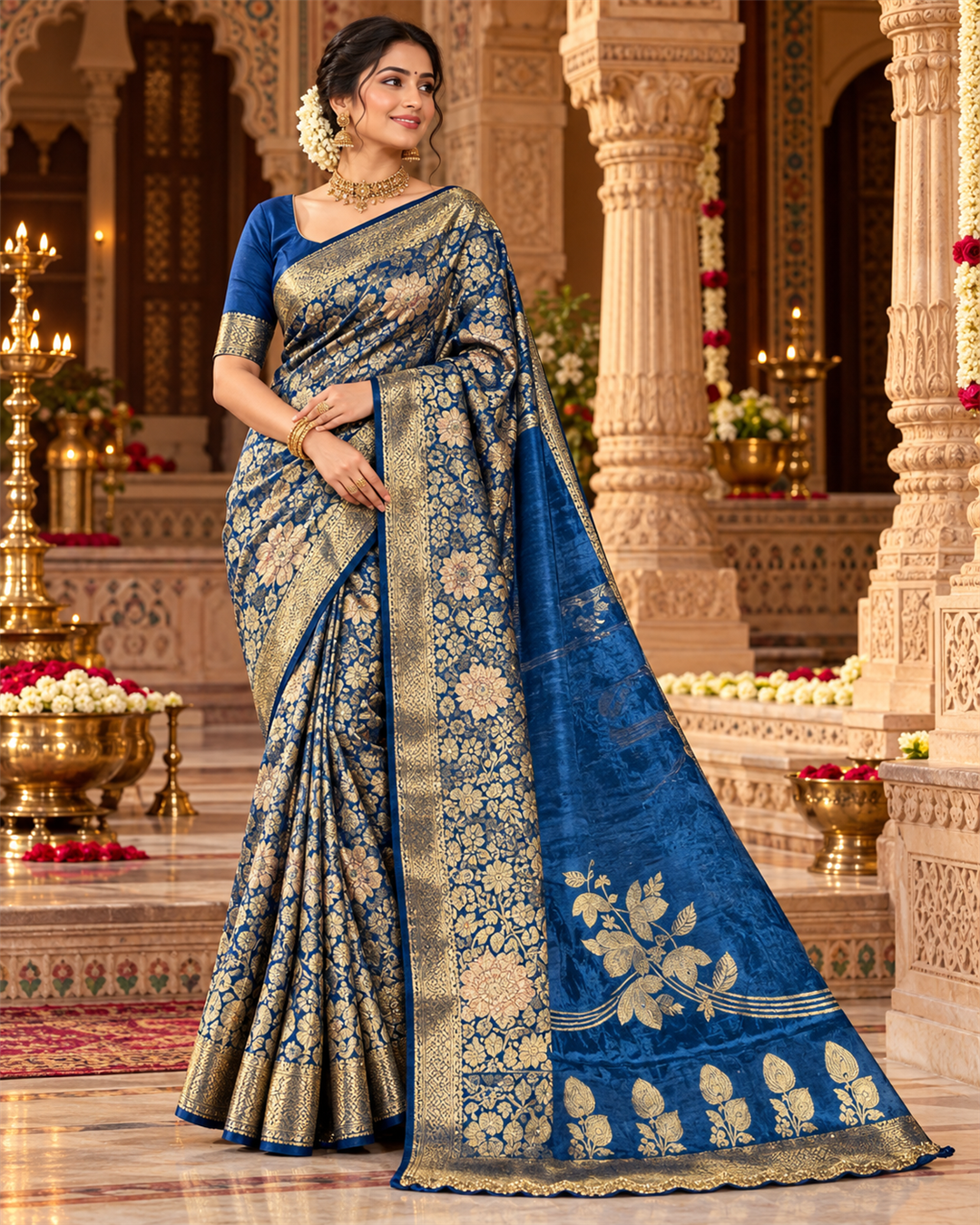 Royal Blue Banarasi Silk Saree with Woven Gold Floral Jacquard & Botanical Pallu Main image