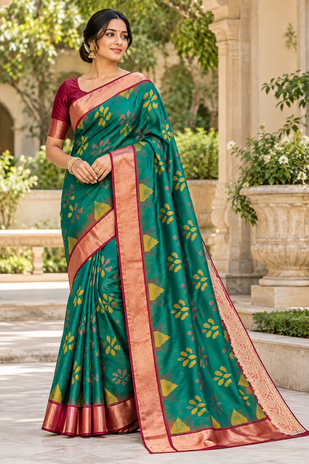 Emerald Green Silk Saree with Yellow Ikat Floral Motifs & Maroon Zari Border