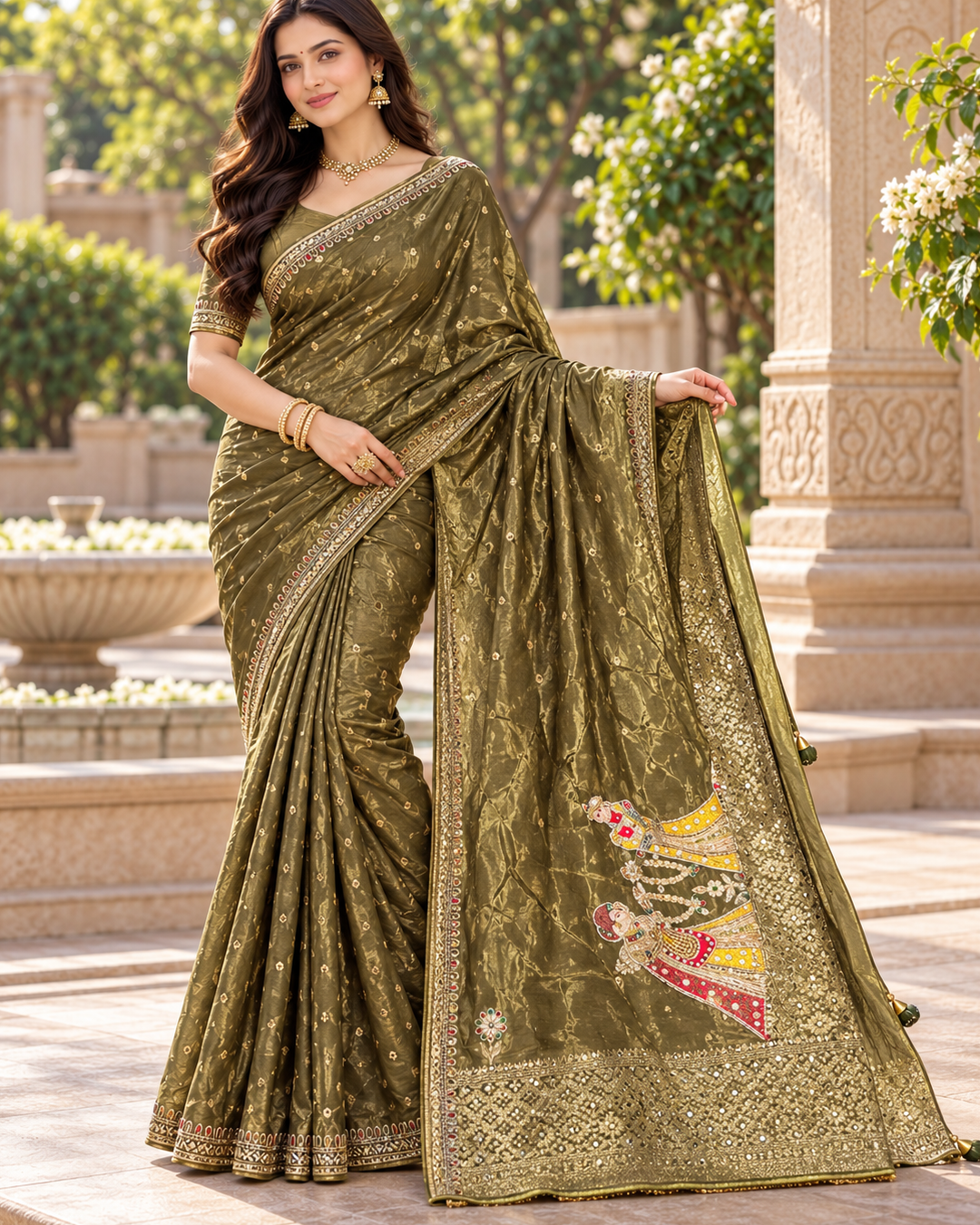 Olive Green Embroidered Saree with Royal Figurative Pallu