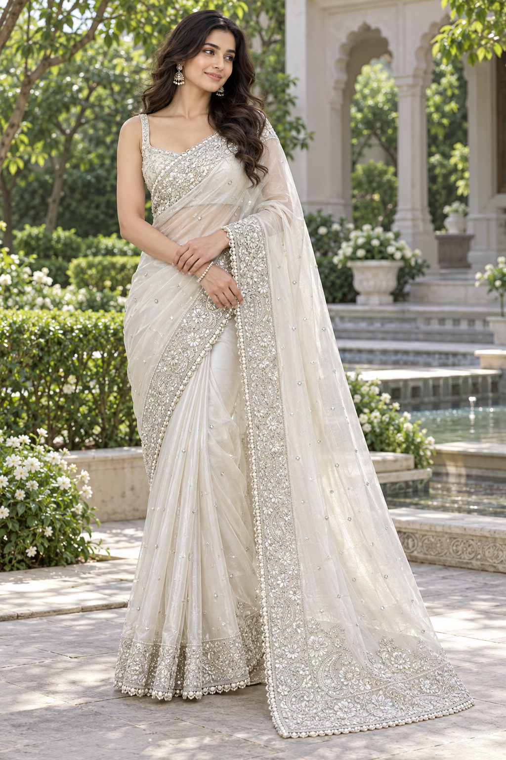 Pristine Ivory Net Saree with Pearl & Silver Zardozi Embroidery