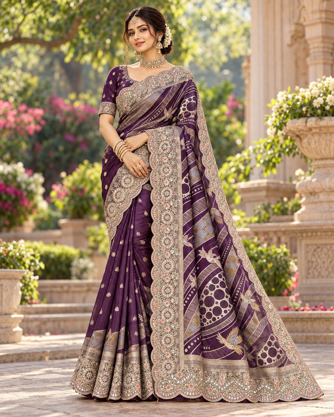 Purple Printed Embroidered Silk Saree