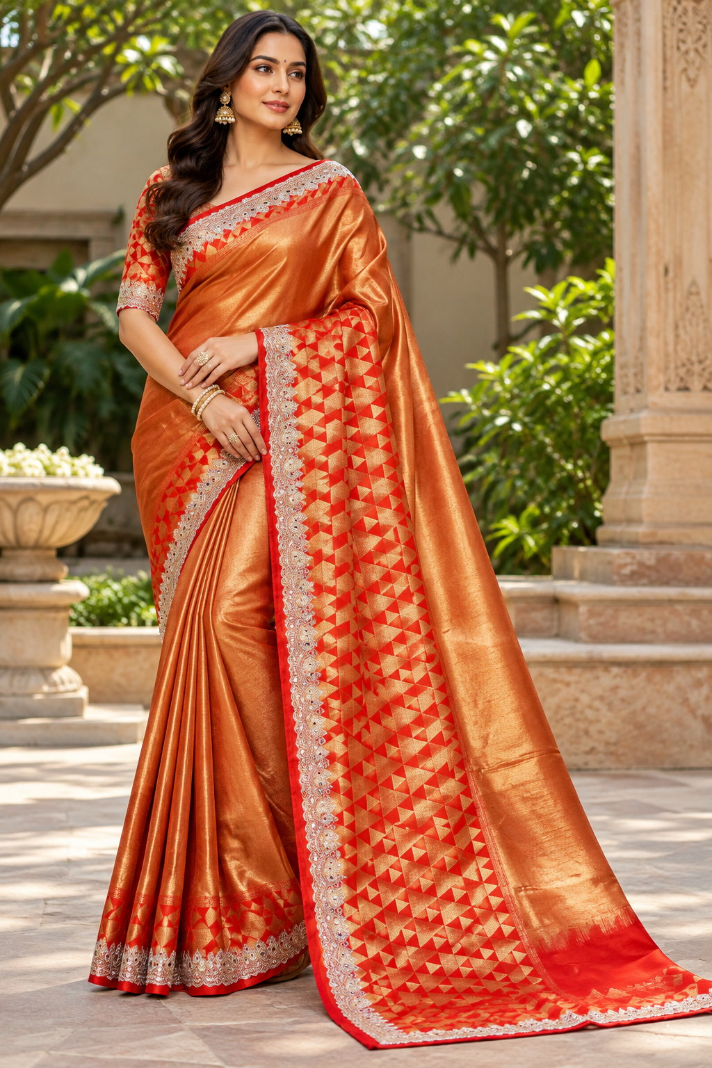 Copper Orange Tissue Silk Saree with Geometric Triangle Pattern & Red Zardozi Border