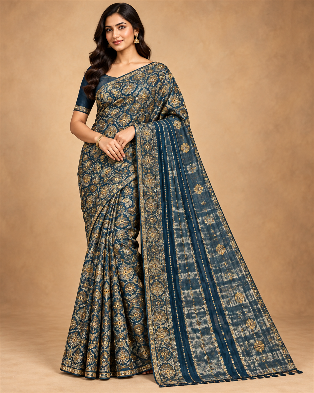 Midnight Blue Floral Brocade Saree