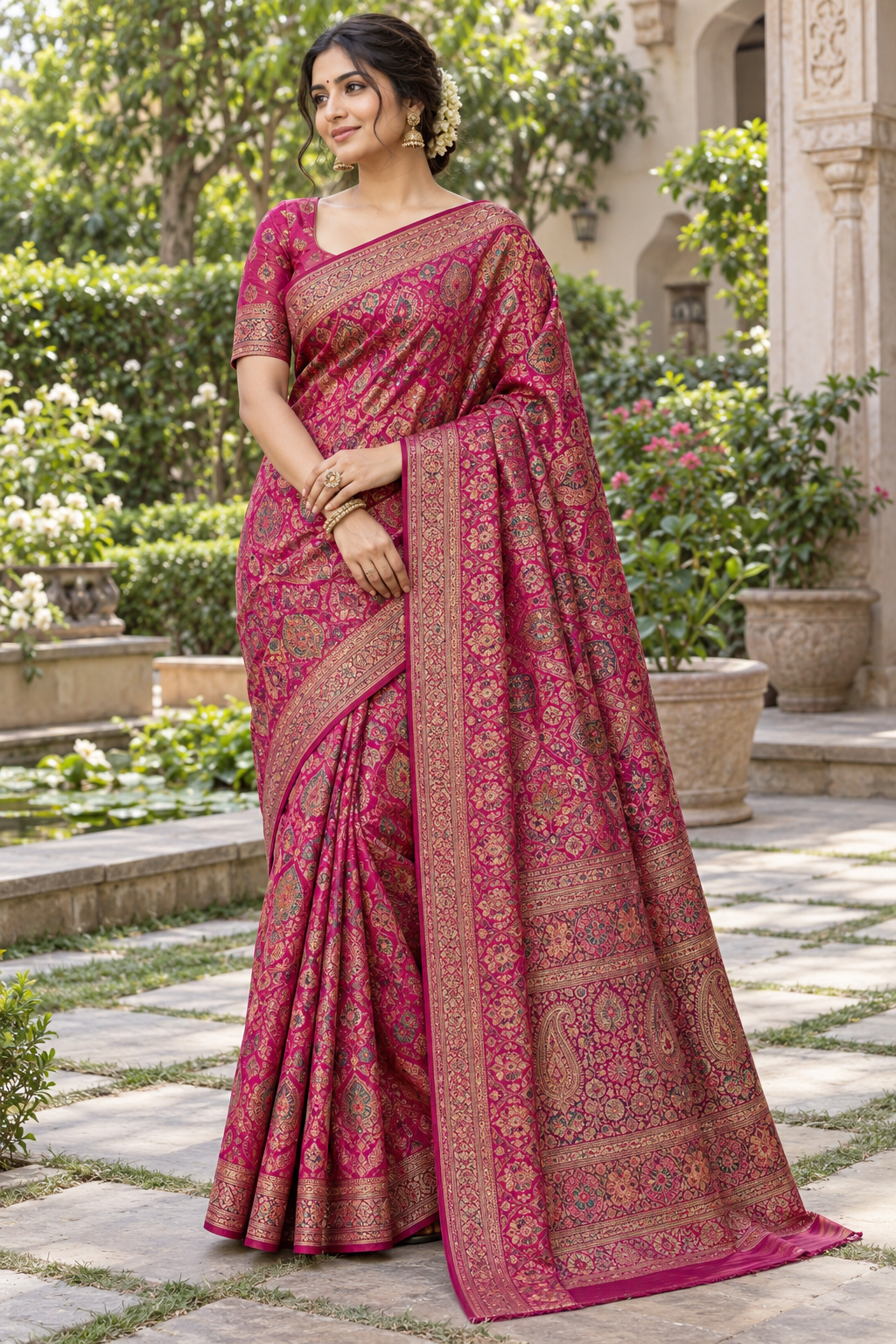 Magenta Pink Brocade Saree with Intricate Zari Motifs