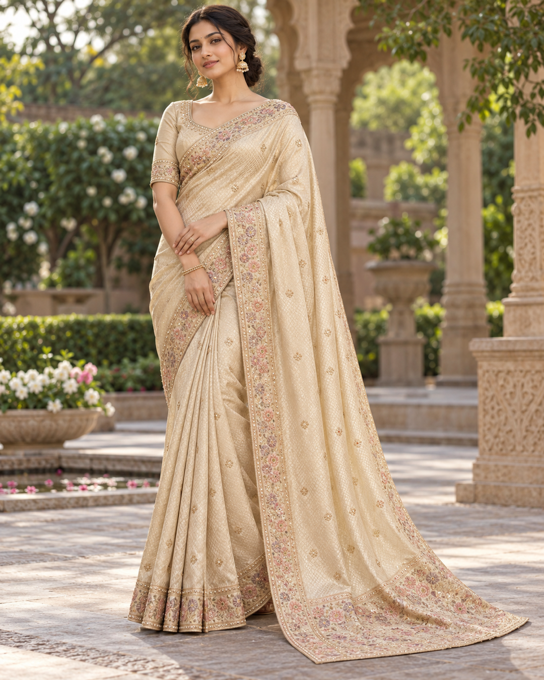 Champagne Beige Silk Saree with Pastel Threadwork Floral Vine Border & Zardozi Motifs