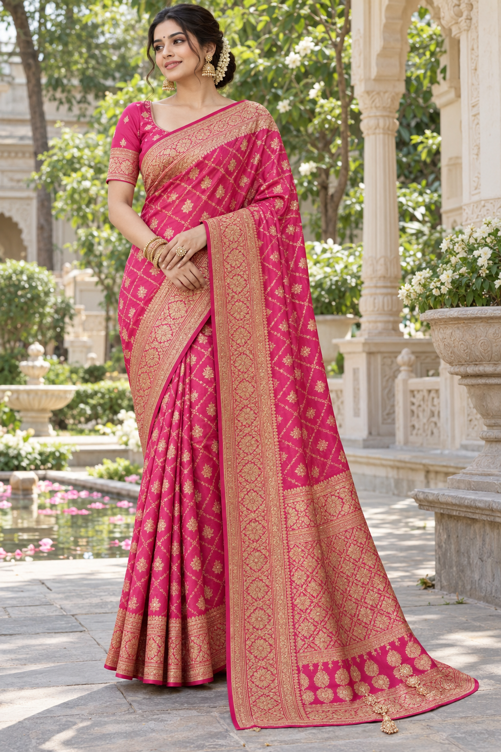 Bright Rani Pink Silk Saree with Woven Gold Zari Diamond Lattice & Floral Border
