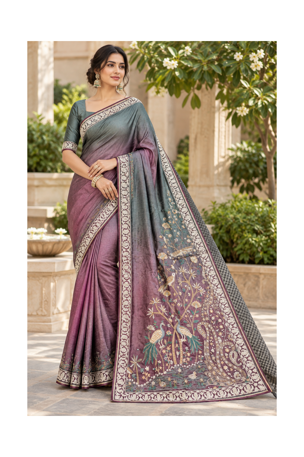 Teal Mauve Ombre Kalamkari Peacock Saree Main image