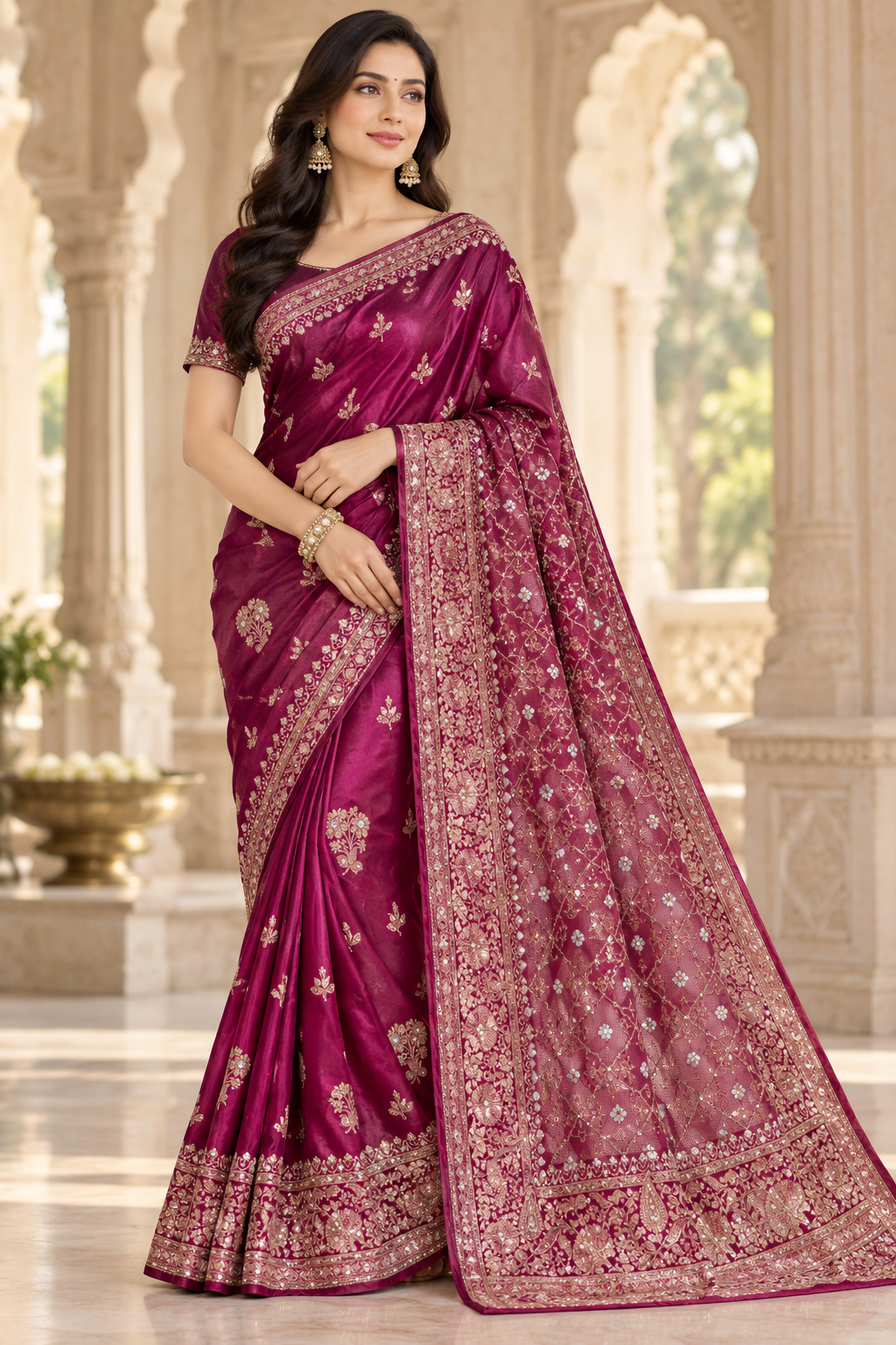 Magenta Floral Embroidered Saree