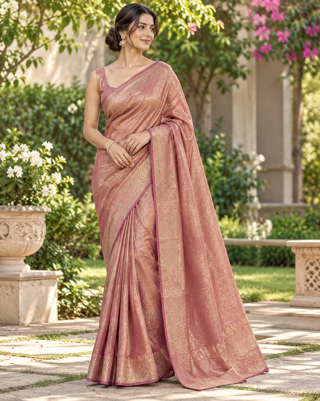 Rose Pink Metallic Tissue Saree Main image