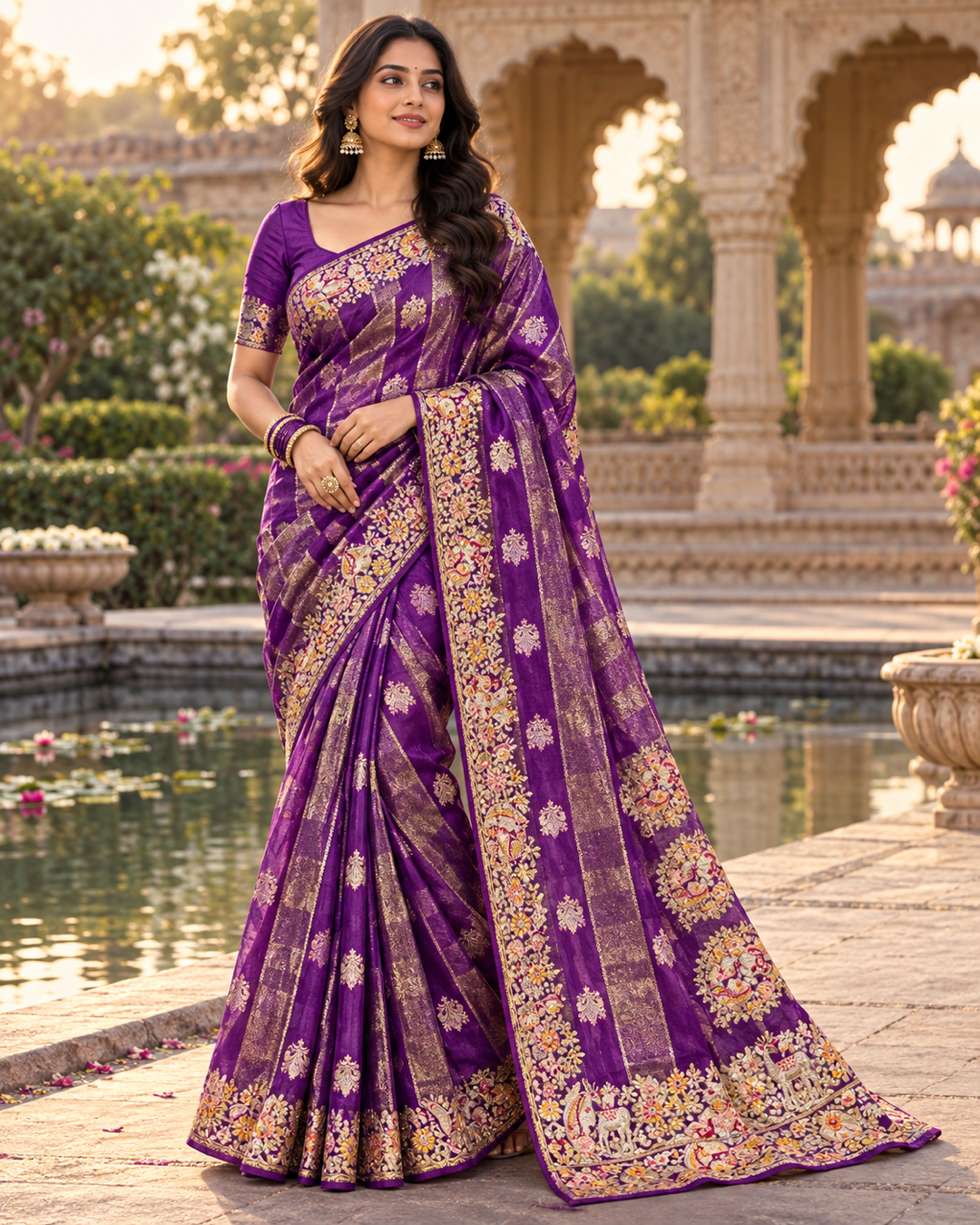 Imperial Purple Zari Striped Saree with Embroidered Figurine Border Main image