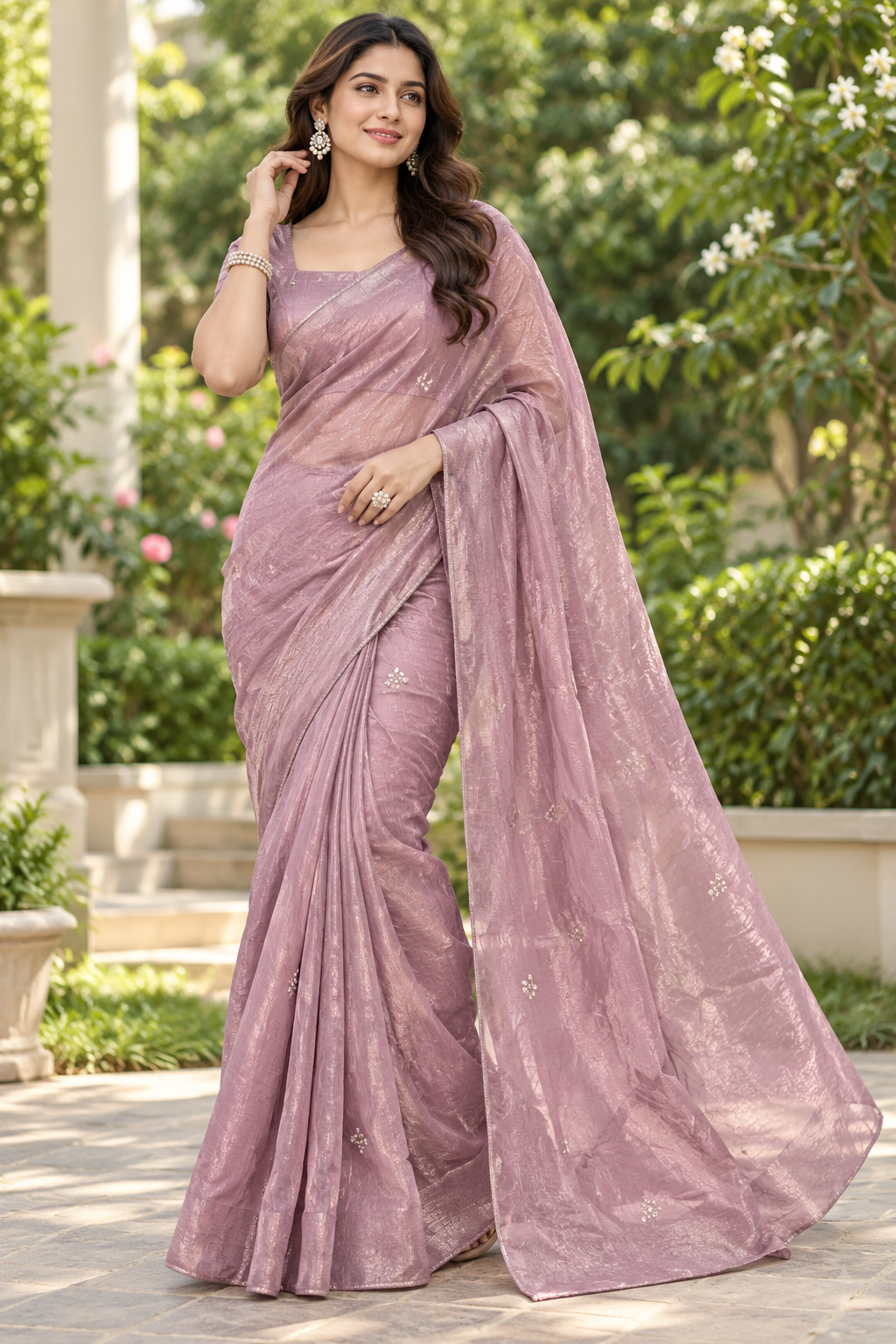 Dusty Mauve Metallic Tissue Organza Saree with Delicate Sequined Floral Buttis