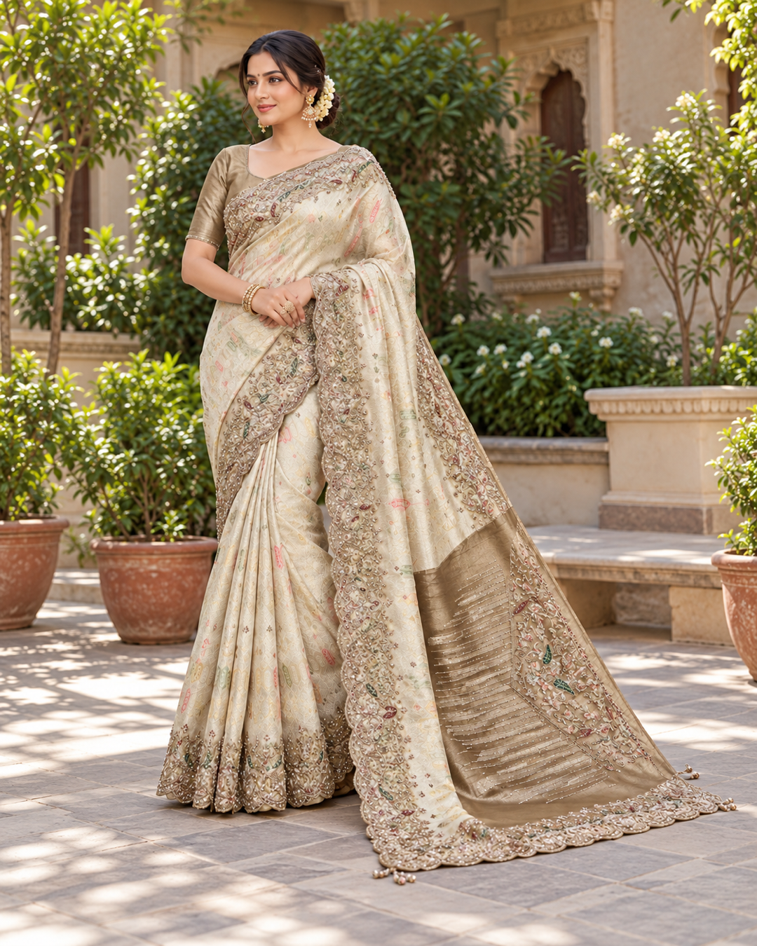 Off-White & Cream Silk Saree with Antique Gold Zardozi Scalloped Border & Floral Vine Embroidery Main image