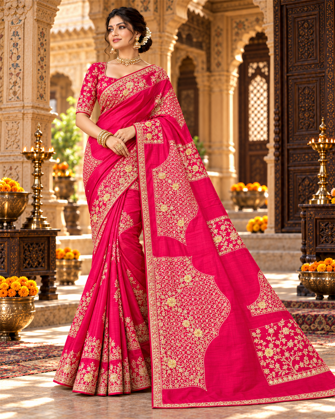 Radiant Rani Pink Embroidered Silk Saree