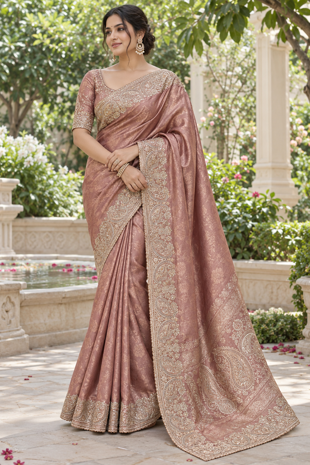 Dusty Rose Tissue Silk Saree with Woven Floral Jaal & Intricate Zardozi Scalloped Border