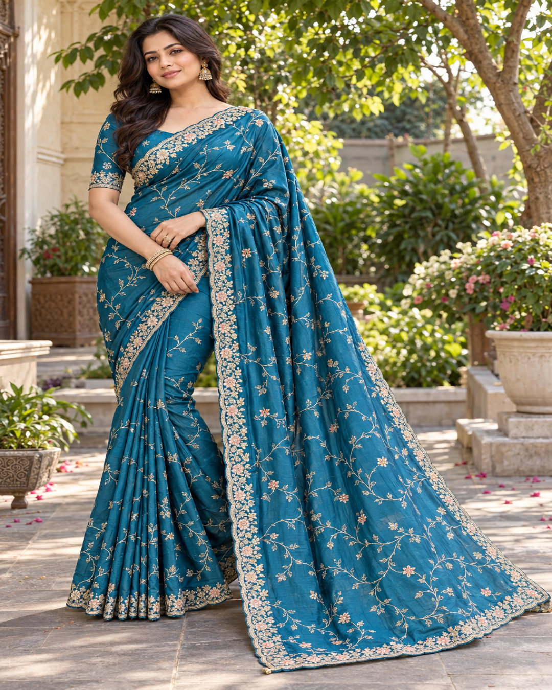 Elegant Peacock Blue Embroidered Silk Saree