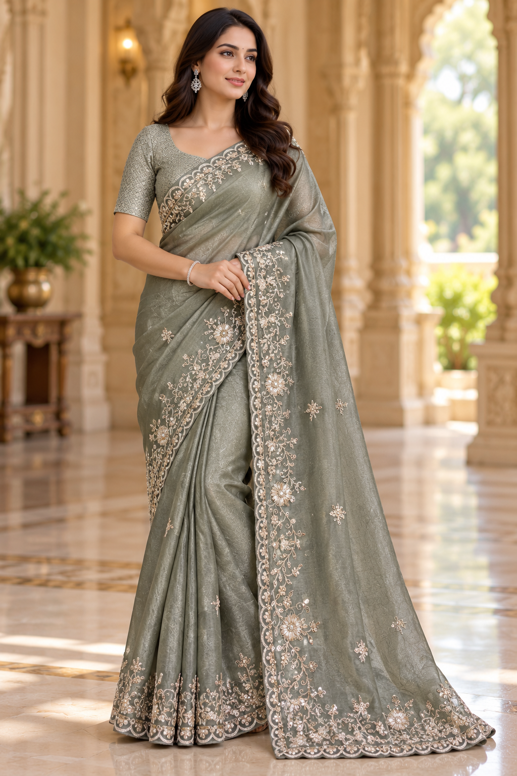 Sage Green Embroidered Saree