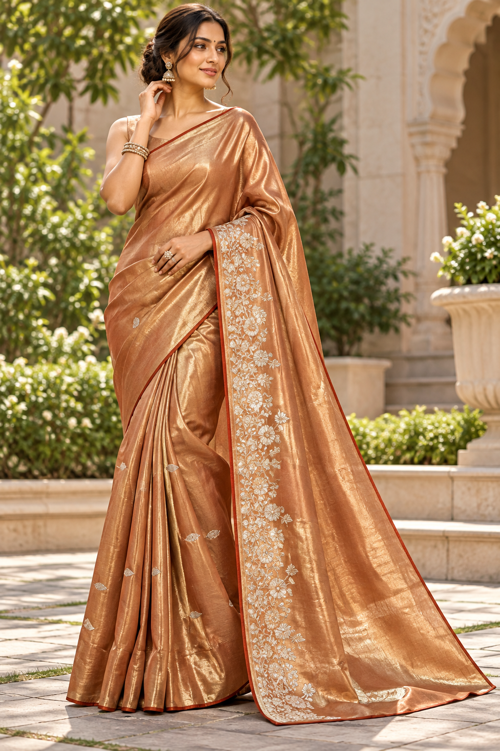 Metallic Bronze Gold Tissue Silk Saree with Floral Threadwork Embroidered Border & Rust Piping