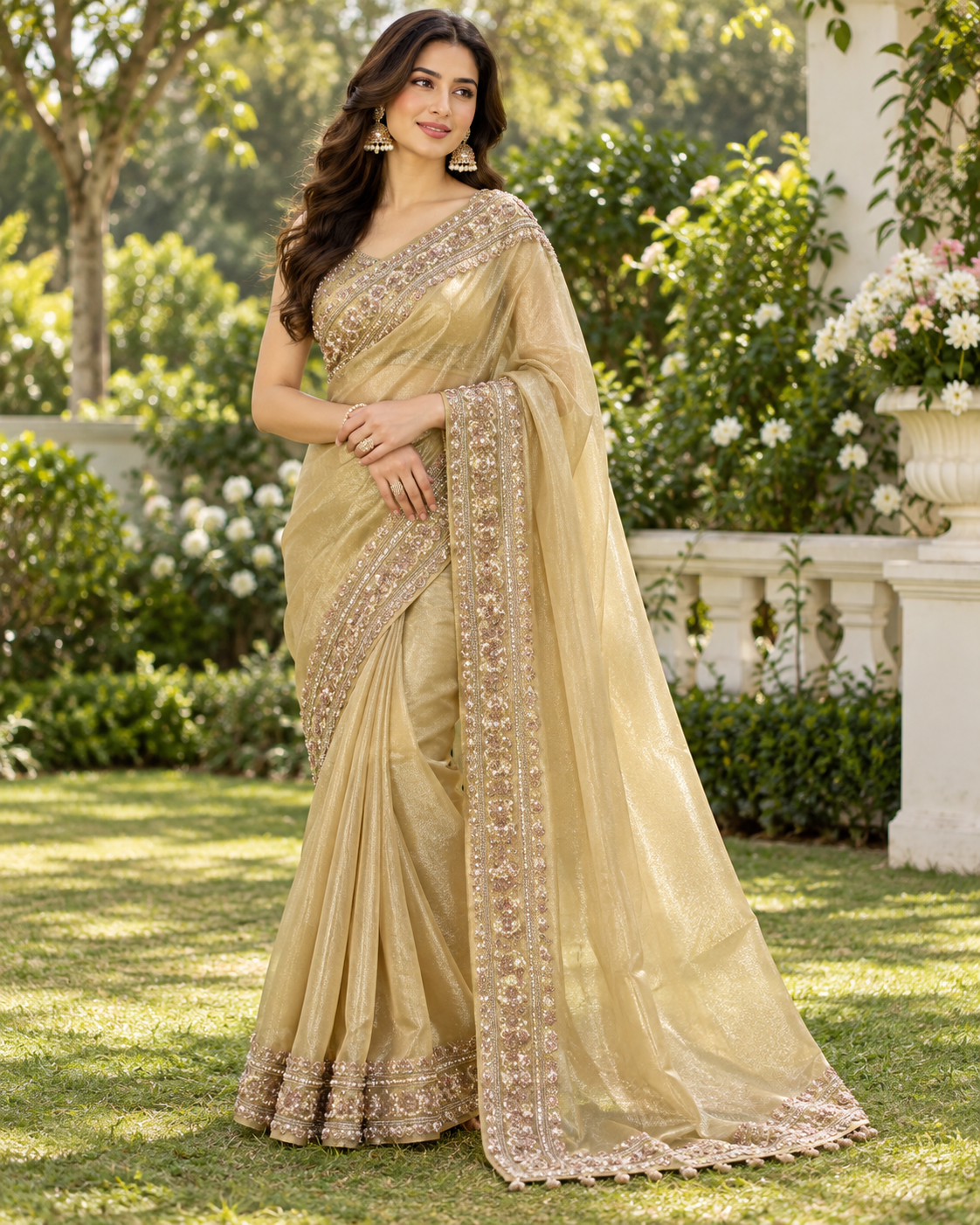 Champagne Gold Embroidered Tissue Saree