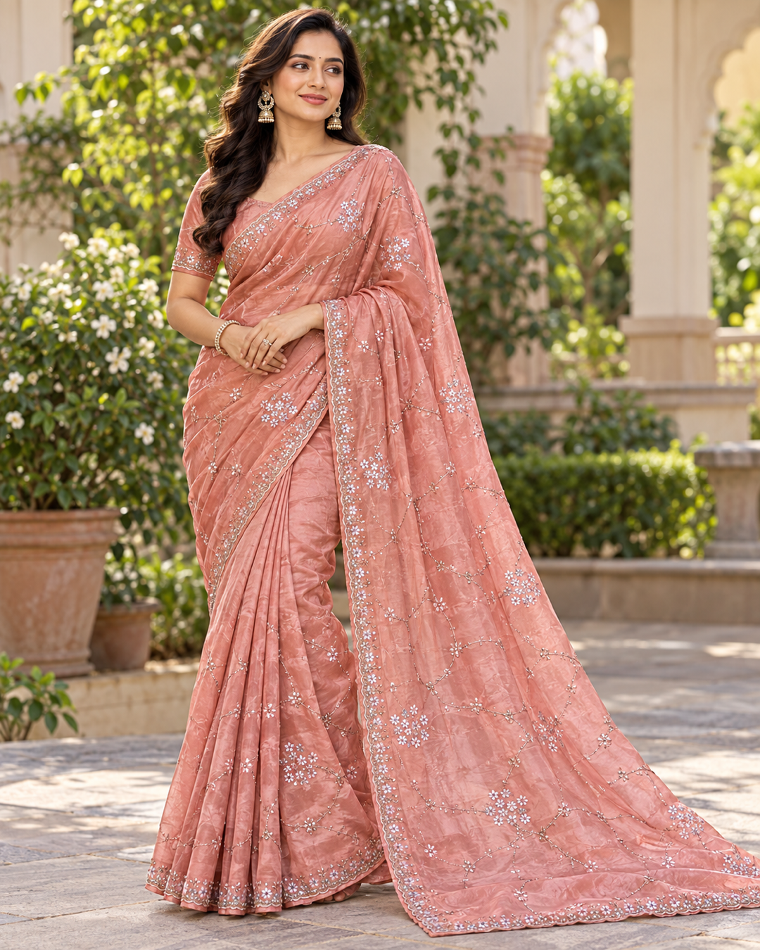 Dusty Rose Floral Embroidered Saree Main image