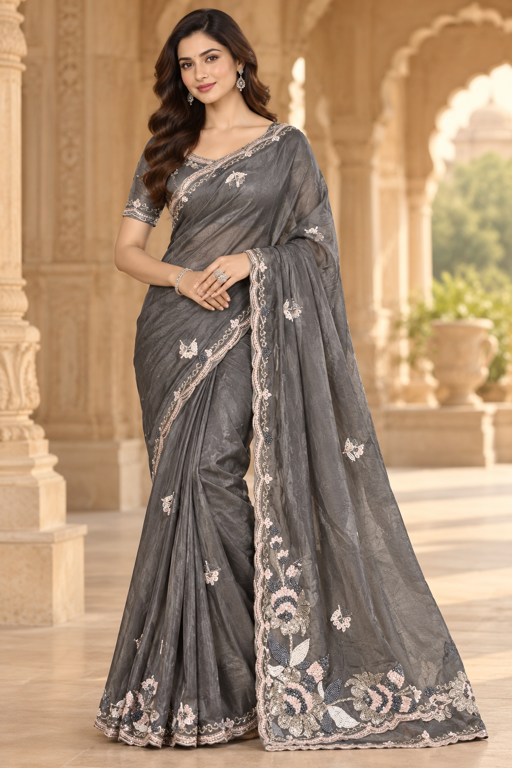 Charcoal Grey Floral Embroidered Saree