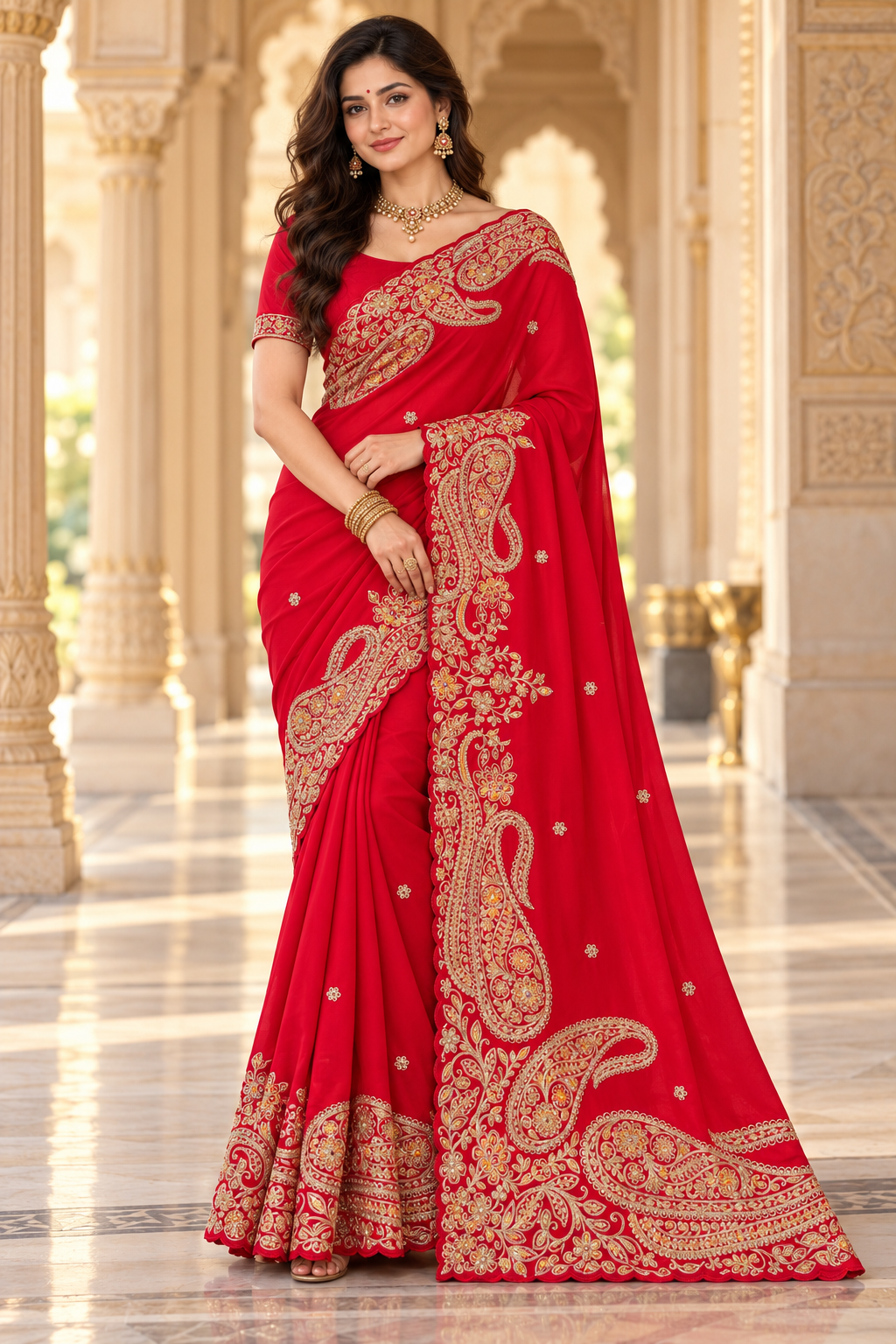 Crimson Red Saree With Golden Paisley Motifs Main image