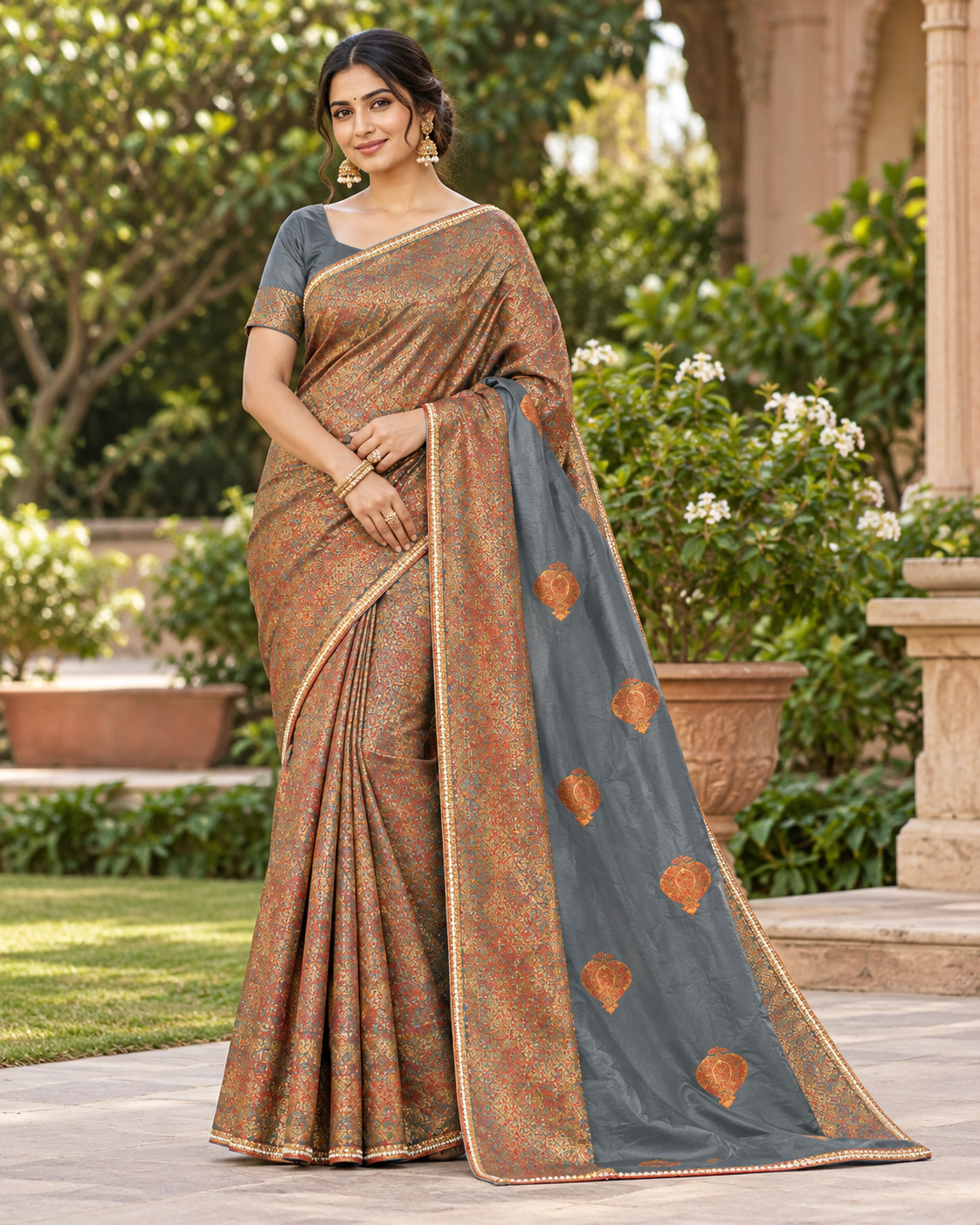 Slate Grey Paisley Kalamkari Silk Saree Main image