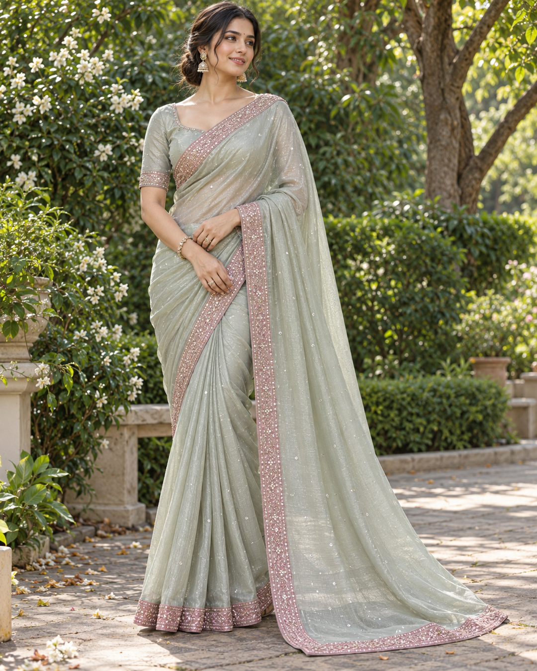 Sage Green Silk Tissue Saree with Dusty Pink Embroidered Border & Sequin Details