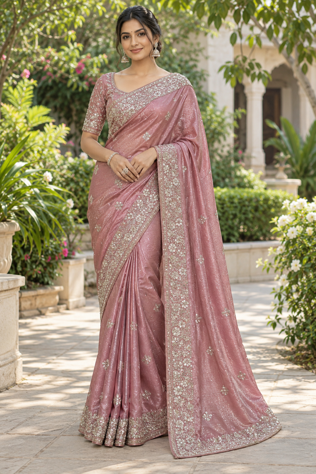 Dusty Rose Tissue Silk Saree with Silver Zardozi Floral Borders & Mirror-Work Embellishments