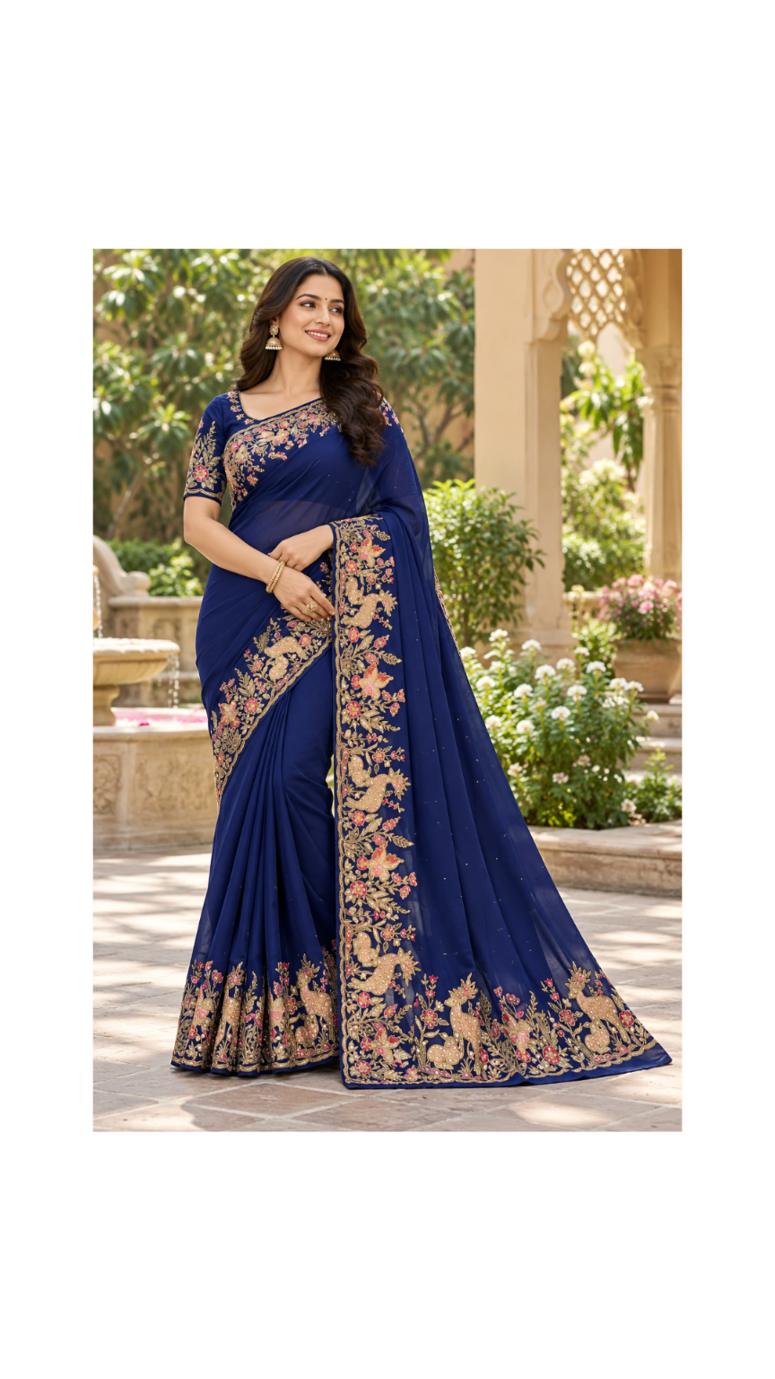 Royal Blue Embroidered Designer Georgette Saree Main image