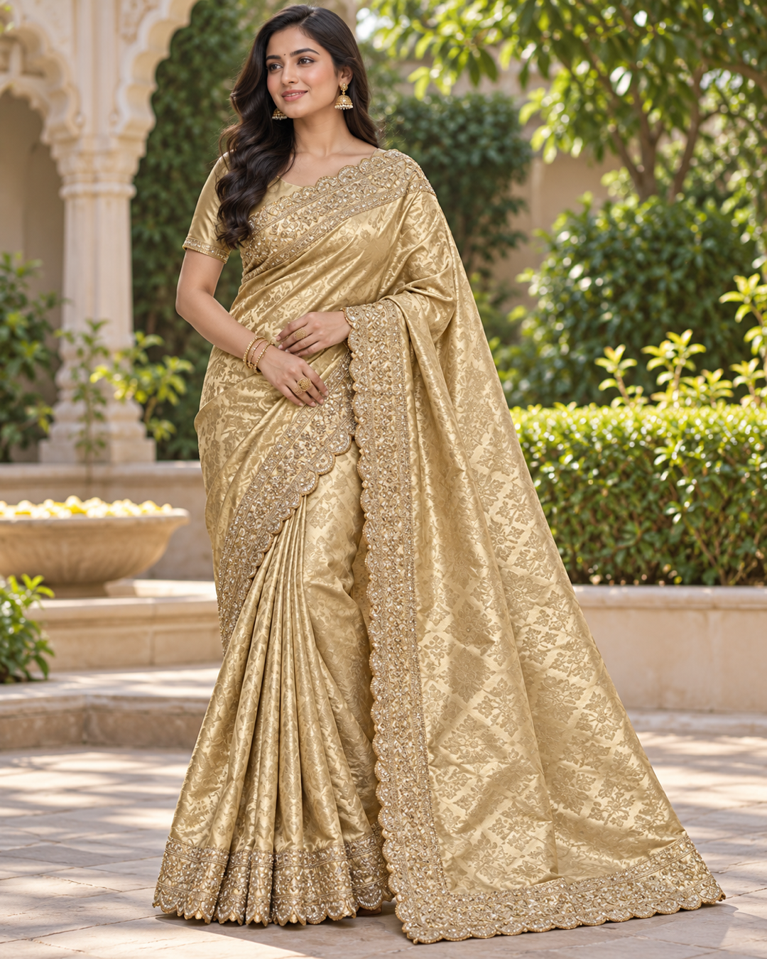 Golden Silk Saree with Intricate Embroidery & Designer Border Main image