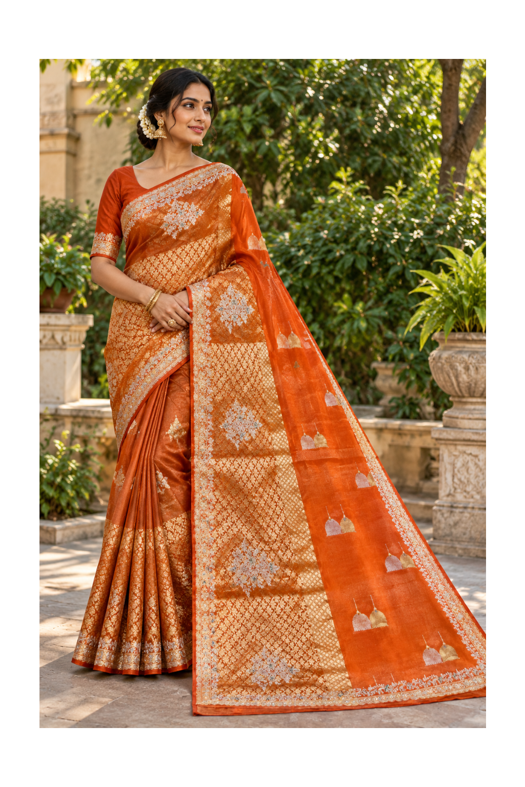Rust Orange Banarasi Brocade Saree