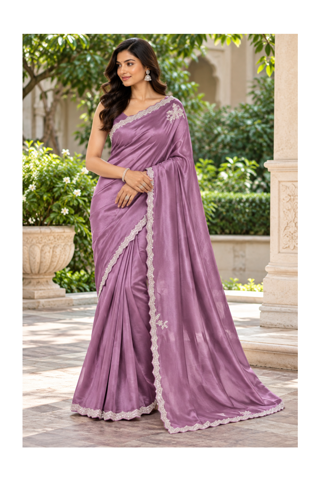 Lavender Lilac Satin Silk Scalloped Saree