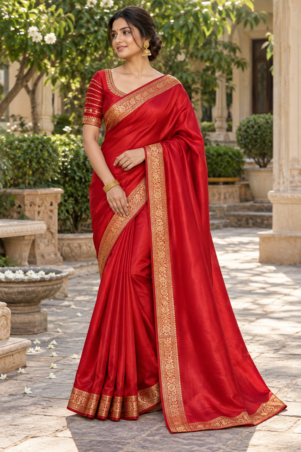 Classic Crimson Red Silk Saree with Antique Gold Zari Floral Rosette Border