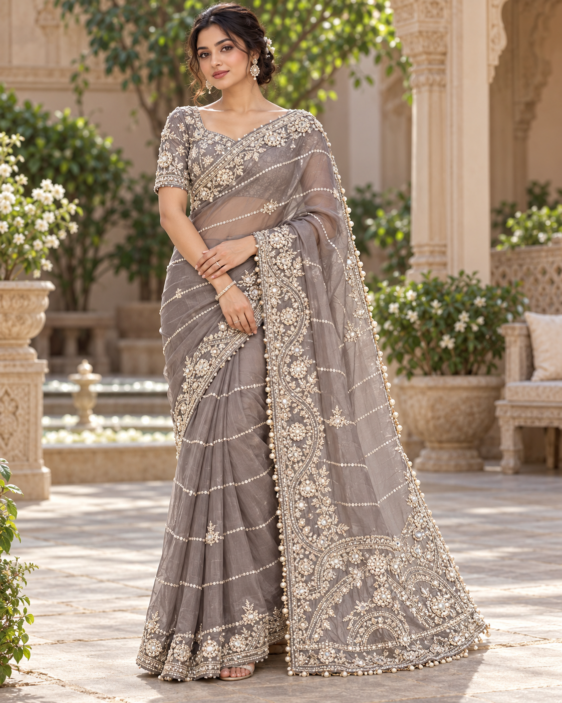 Slate Grey Organza Saree with Heavy Zari and Pearl Embellishments