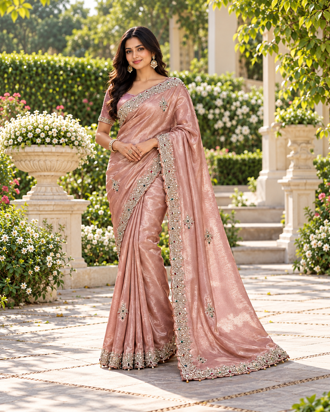 Rose Gold Silk Tissue Saree with Scalloped Zardozi Border & Jewel-Toned Accents