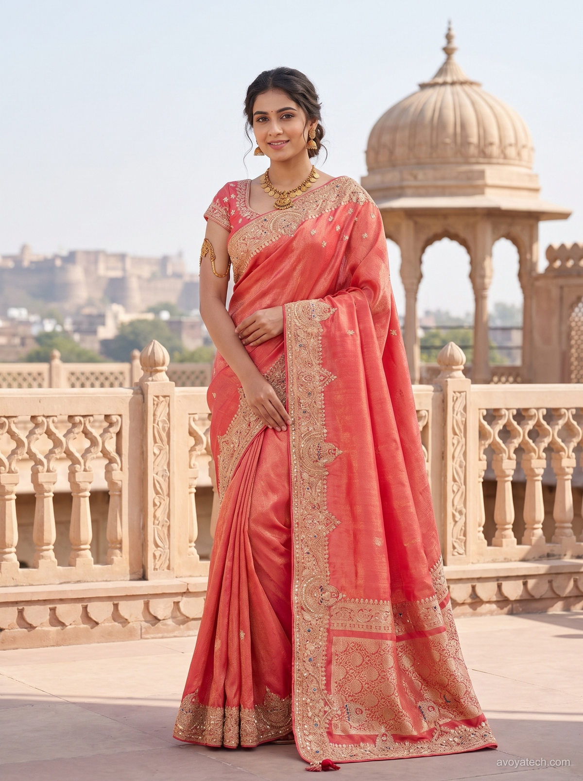 Coral Peach Silk Embroidered Saree with Zari Cutwork Scalloped Border