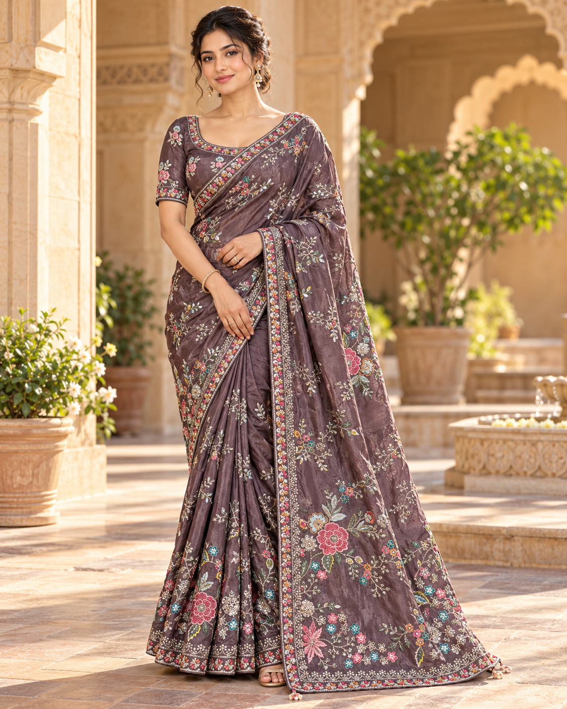 Pastel Floral Hand-Embroidery Organza Saree