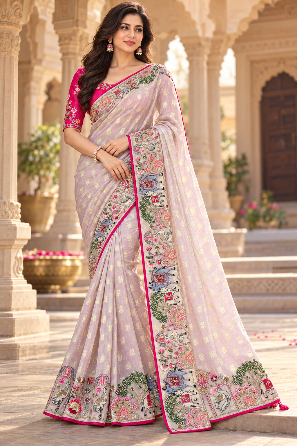 Blush Pink Saree with Embroidered Animal Motifs Main image