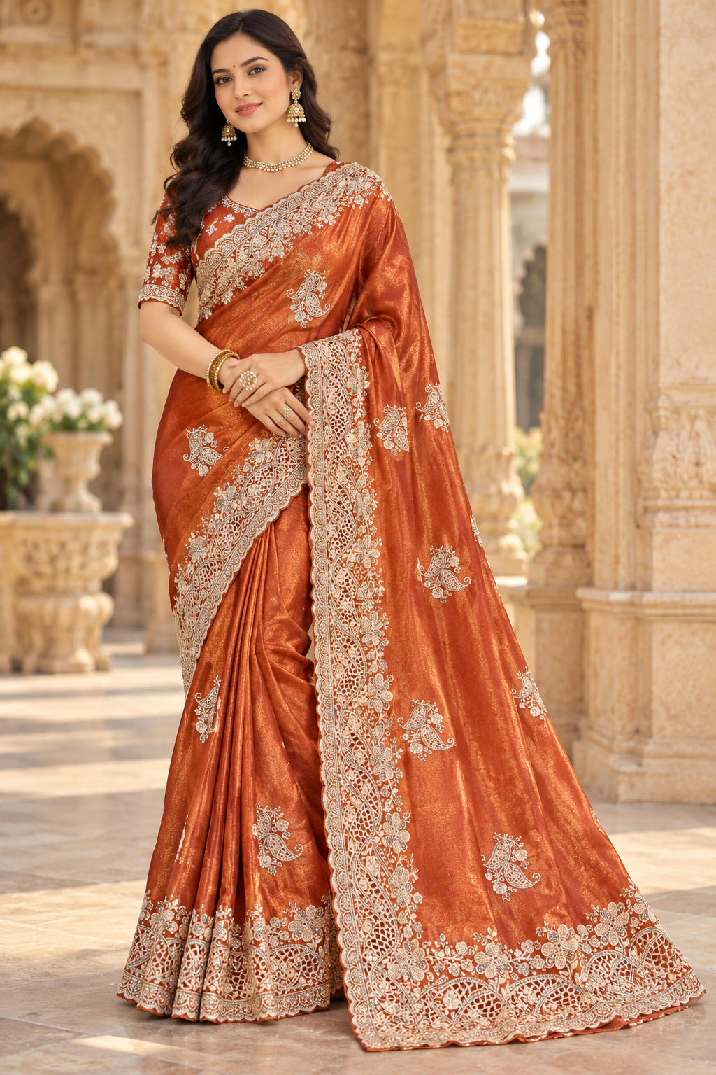 Rust Orange Floral Embroidered Saree