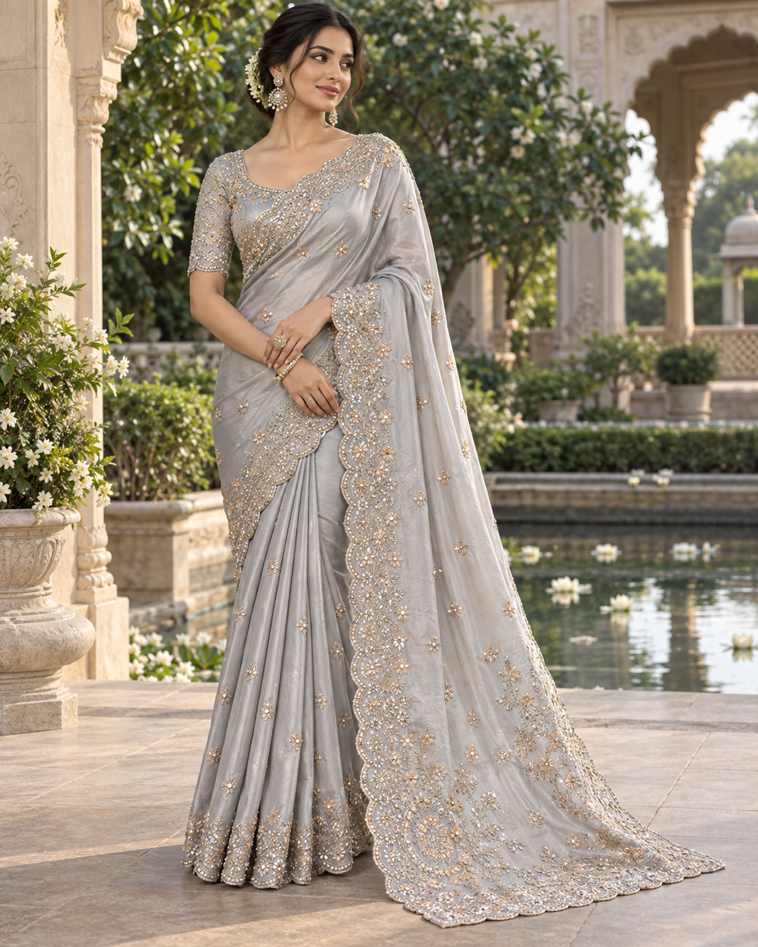 Silver Grey Scalloped Zari Embroidered Saree Main image
