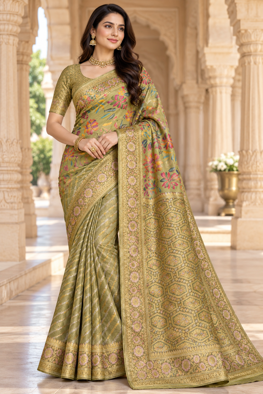 Elegant Grey Floral Banarasi Silk Saree